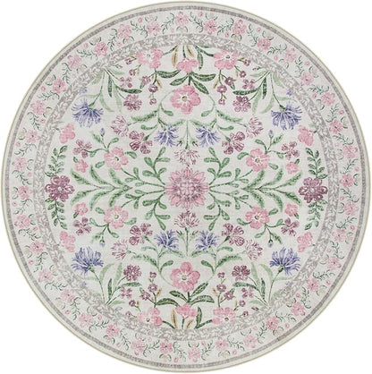 Wonnitar Floral Purple Round Area Rug 5ft, Soft Washable Kids Room Rug - Image 8