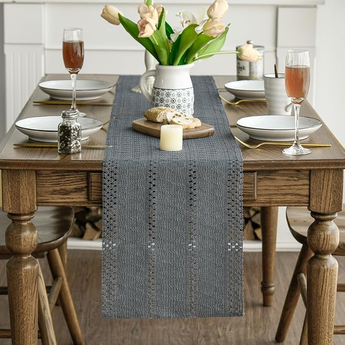 Artoid Mode Dark Grey Woven Farmhouse Hollow Table Runner 12x60 Inch | Holiday - Image 3