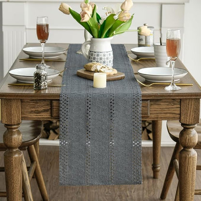 Artoid Mode Dark Grey Woven Farmhouse Hollow Table Runner 12x60 Inch | Holiday - Image 3