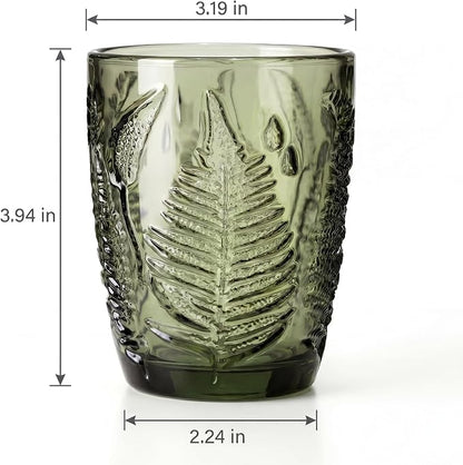 Green Drinking Glasses Set of 4, 10 oz Glass Cups, Vintage Fern Glassware | - Image 8
