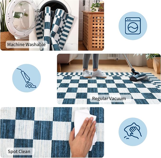 GarveeHome Blue and White Checkered Rug 2x3 Washable Rug Non-Slip - Image 7