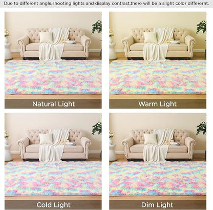 Litanika 5x8 Shag Area Rug for Living Room Bedroom, Tie-Dyed Rainbow High Pile - Image 7