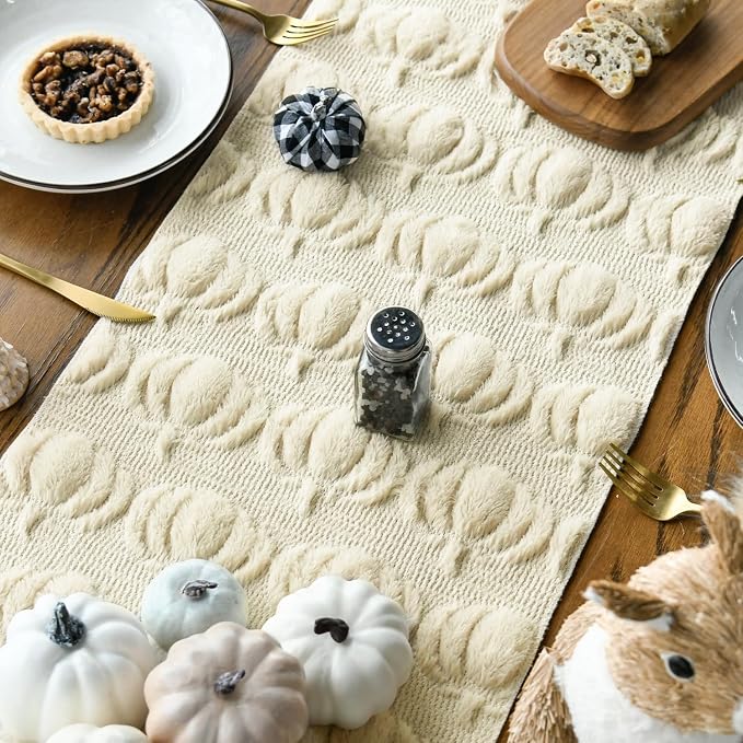 Artoid Mode Beige Soft Faux Fur Pumpkins Fall Table Runner 13x90 Inch | - Image 4
