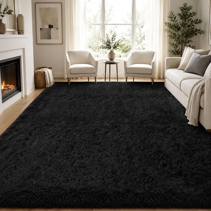 Area Rug for Living Room Bedroom: 6x9 Black Soft Fluffy Shag Upgrade Non-Slip - Image 2