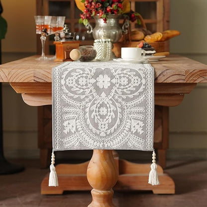 Coffee Table Runner Embroidered Boho Dresser Scarf, 4 Tassel Pendants, Layered - Image 2