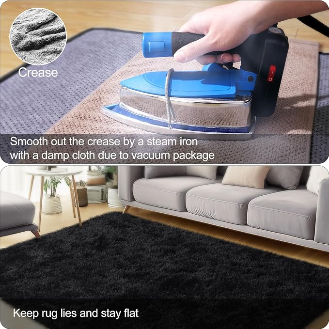 qulint Black Area Rug for Living Room, 4x6 Fluffy Rug for Bedroom Soft Shag - Image 5