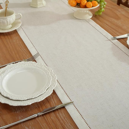 Light Natural Handmade Hemstitched Linen Blend Table Runner - Image 3
