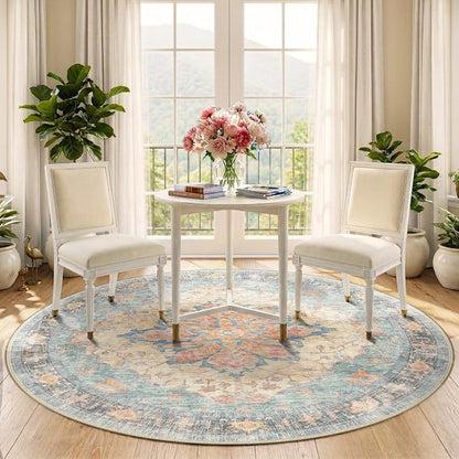 RELEANY Area Rugs Round 5ft Washable Non-Slip, Floral Vintage Distress - Image 2