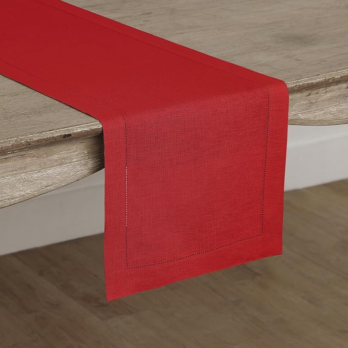 Solino Home 100% Pure Linen Table Runner Red, Classic Hemstitch 14 x 72 in | - Image 2