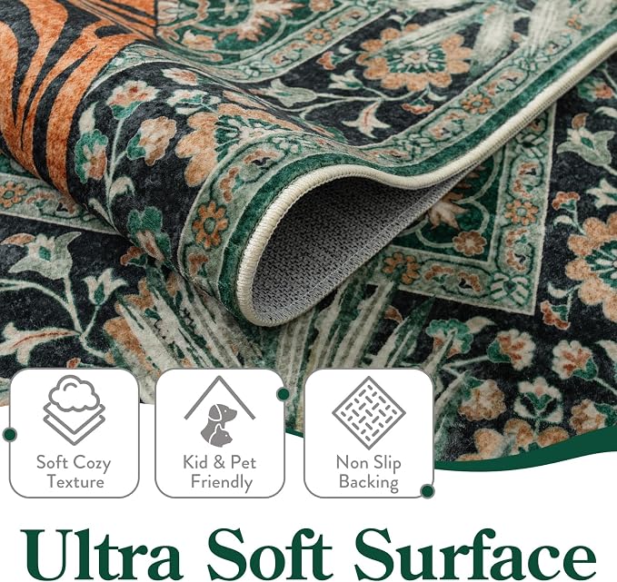 Moynesa Tiger 5x7 Area Rug, Boho Washable Living Room Rug, Non Slip Green Rugs - Image 4