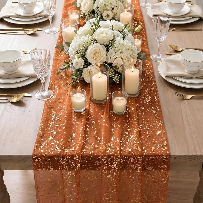 Artoid Mode 6PCS Caramel Gauze Gold Table Runner 120 Inch 10FT, Glitter - Image 3