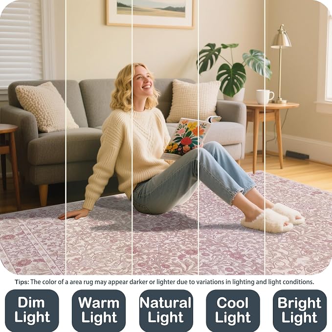 Vintage Pink Living Room Rug, 8x10 Washable Area Rugs - Image 5