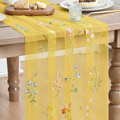 Artoid Mode Wildflower Floral Yellow Gauze Embroidery Table Runner 120 Inch 10FT by ArtoidMode