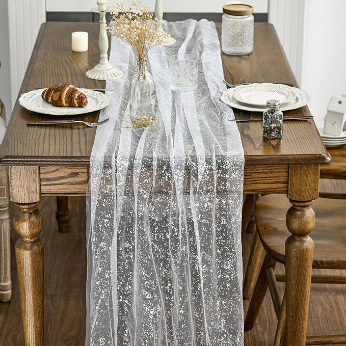 Artoid Mode 6Pcs White Silver Gauze Table Runner 120 Inch 10FT, Glitter - Image 4