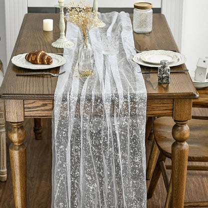 Artoid Mode 6Pcs White Silver Gauze Table Runner 120 Inch 10FT, Glitter - Image 4