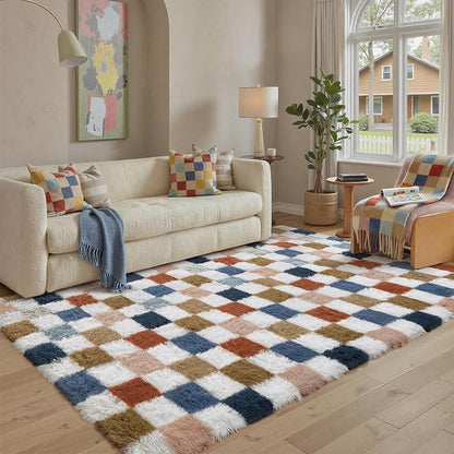 PureCozy Checkered Rug 7x10 for Living Room, Modern Rainbow Shag Rug Washable by PureCozy