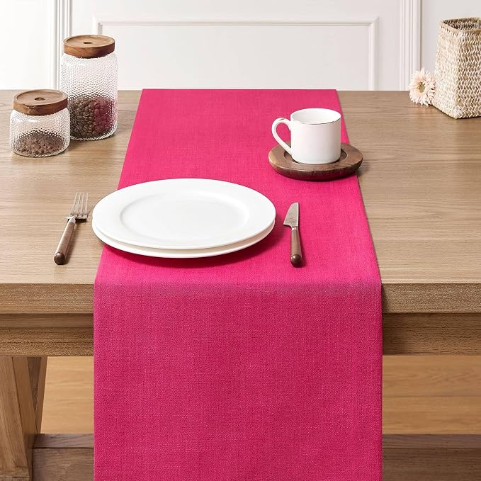 Linen Textured Border Table Runner, 14 x 60 Inch Hot Pink | Mitered Corner - Image 3