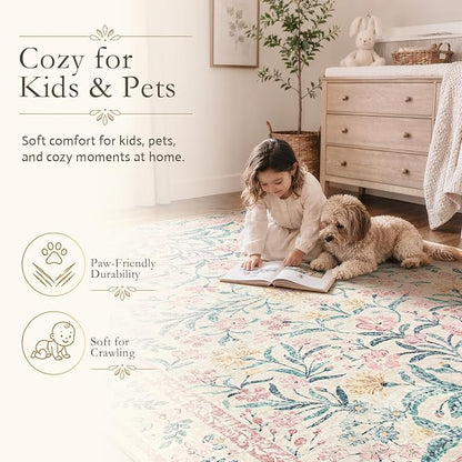 Wonnitar Floral Large Rugs for Living Room, Soft Light Pink Rug Washable 9x12 - Image 6