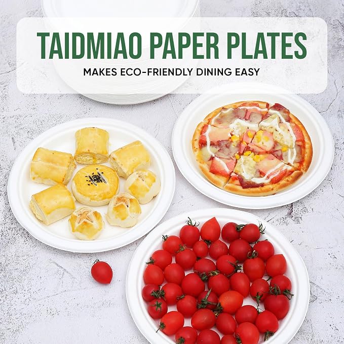 TaidMiao Heavy Duty Disposable Paper Plate 9 inch, 100% Compostable, 100 Pack | - Image 7
