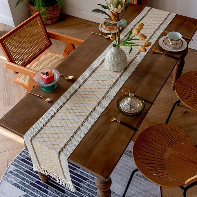 EMMTEEY Macrame Table Runner Boho Style 94 Inches Long, Hexagonal Yellow | - Image 7