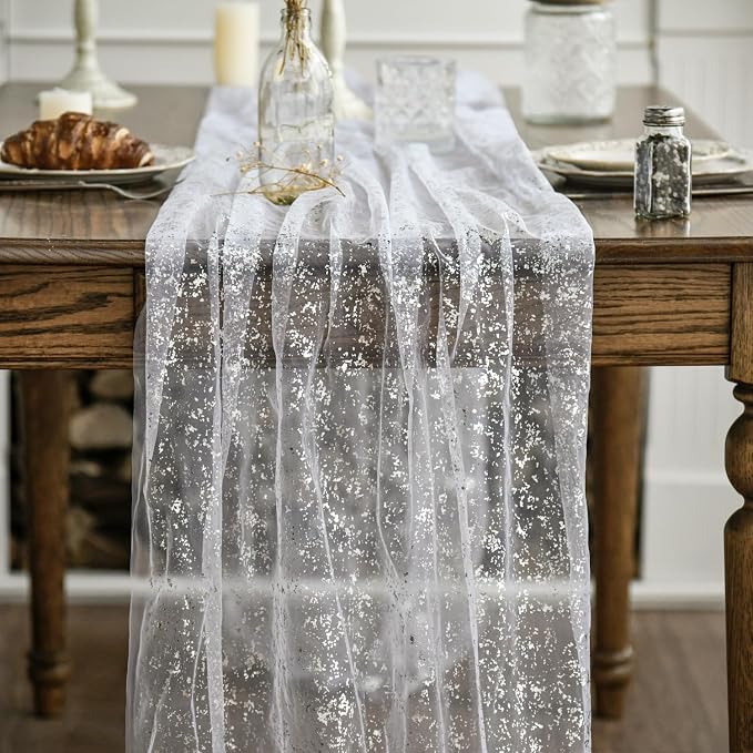 Artoid Mode 6Pcs White Silver Gauze Table Runner 120 Inch 10FT, Glitter - Image 2
