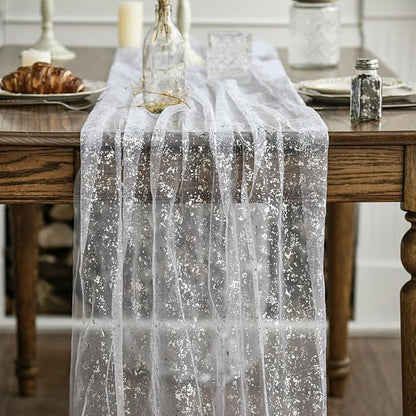 Artoid Mode 6Pcs White Silver Gauze Table Runner 120 Inch 10FT, Glitter - Image 2