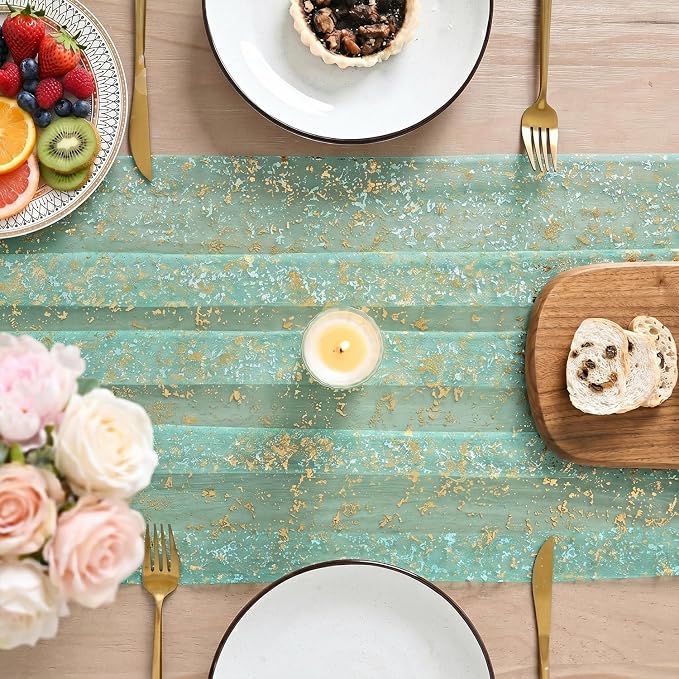 Artoid Mode 3Pcs Turquoise Gauze Gold Table Runner 10FT, Glitter Metallic Foil - Image 3