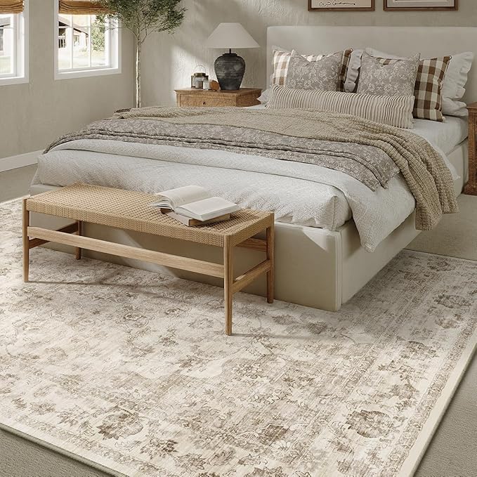8x10 Washable Neutral Area Rug Beige Vintage Living Room Bedroom Carpet - Image 2