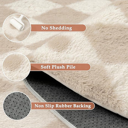 PureCozy Checkered Rug 9x12 Fluffy Shag Living Room Beige Area Rug Modern - Image 6