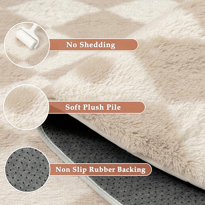 PureCozy Checkered Rug 5x8 Fluffy Shag Living Room Beige Area Rug Modern - Image 5