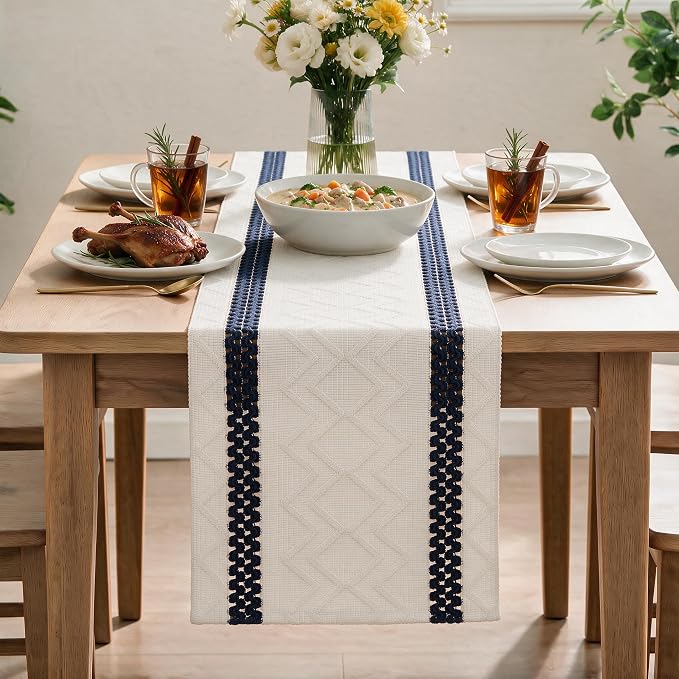 Artoid Mode Dark Blue Stripe Woven Rustic Table Runner 12x120 Inch | Holiday - Image 2