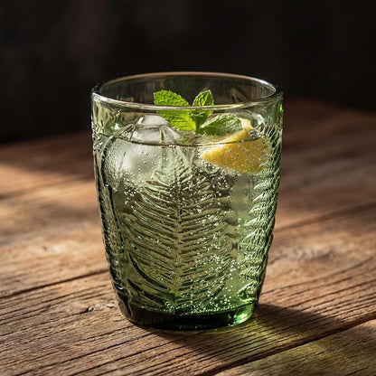 Green Drinking Glasses Set of 4, 10 oz Glass Cups, Vintage Fern Glassware | - Image 5