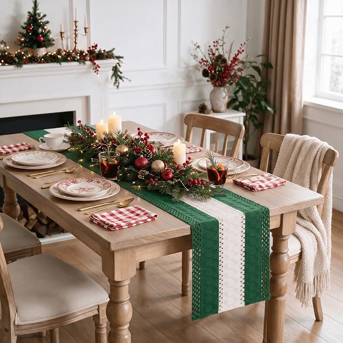 Artoid Mode Dark Green Farmhouse Woven Table Runner 12x120 Inch | Holiday - Image 6