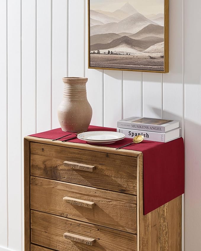 Linen Textured Border Table Runner, 14 x 72 Inch Red | Mitered Corner Design - Image 2