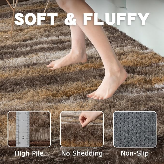 Fluffy Rugs for Bedroom Living Room, 4x6 Feet Abstract Brown Shag Area Rugs - Image 5
