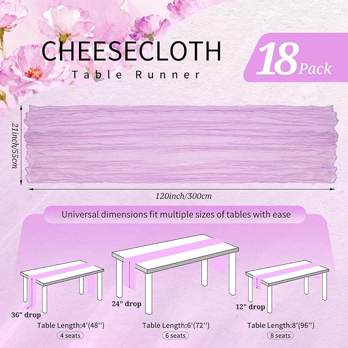 18 Pack Cheesecloth Table Runner 10FT Lilac Purple Table Runner Lavender Boho - Image 2