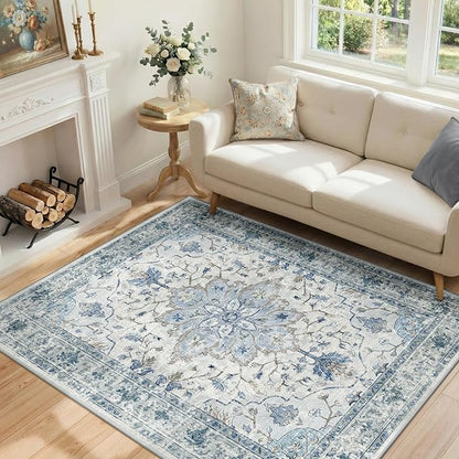 RELEANY Area Rugs 4'x6' Washable Non-Slip, Floral Vintage Distress Medallion by RELEANY