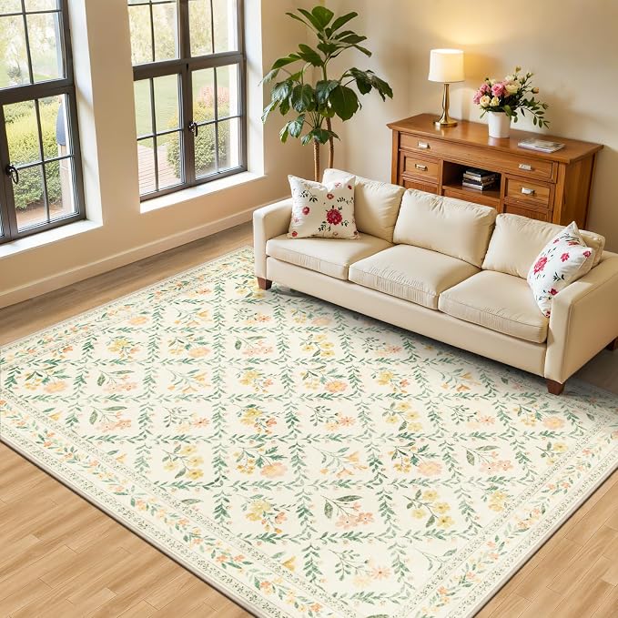 6x9 Area Rugs for Living Room: Floral Washable Rug Vintage Large Soft Boho by PLHXFRSoftAreaRugs
