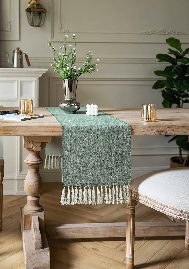 Green Table Runners 48 Inches Long, Burlap Linen Style Rustic Farmhouse Table - Image 3
