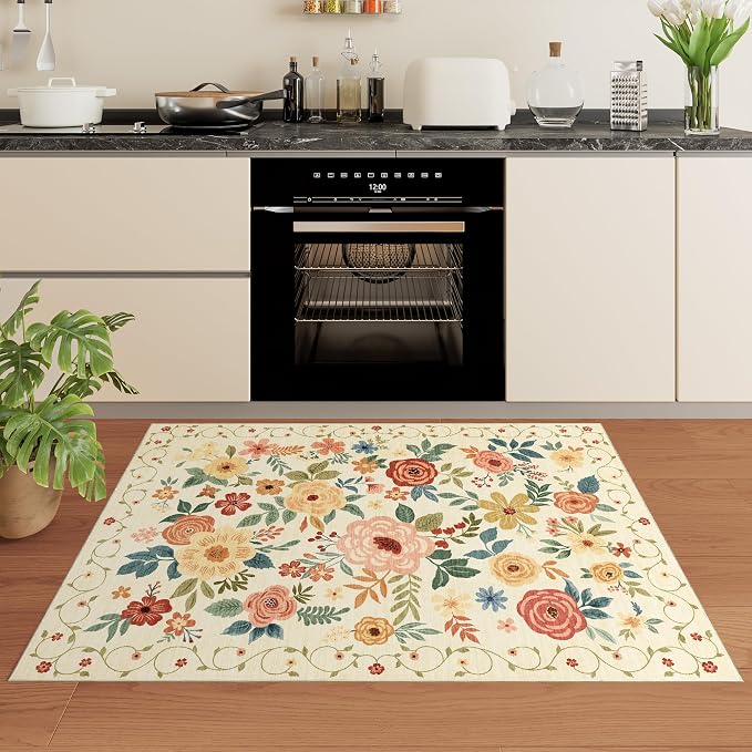 DUKINO 4x6 Area Rug, Lightweight Non Slip Washable Floral Rug, Indoor Low Pile - Image 8