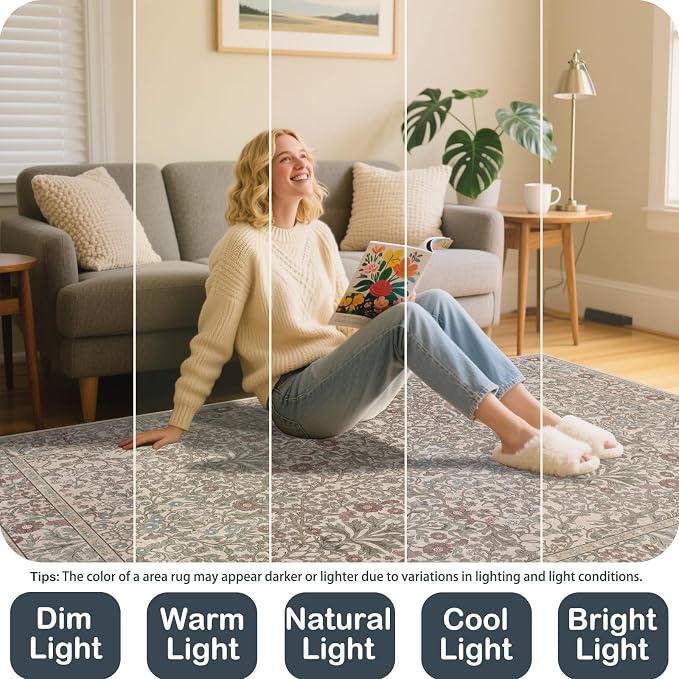 Vintage Moss Living Room Rug, 5x7 Washable Area Rugs - Image 2