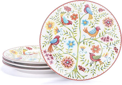 Bico Red Spring Bird Salad Plates Set of 4, 8.75 Inch Ceramic Dessert Plates by Bico