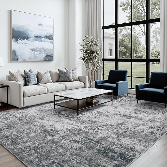 Area Rug 8x10 Living Room Rug Washable: No-Slip Abstract Soft Thin Large Gray - Image 4