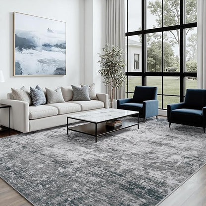 Area Rug 9x12 Living Room Rug Washable: No-Slip Abstract Soft Thin Large Gray - Image 4