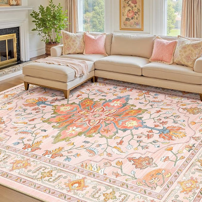 RELEANY Area Rugs 7'x10' Washable Non-Slip, Floral Vintage Distress Medallion by RELEANY