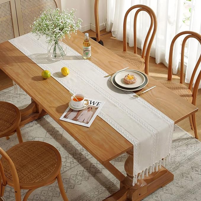 Wracra Rustic Linen Table Runner, Ivory Table Runners 36 inches Long | Raised - Image 7