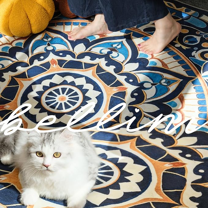 jinchan Mandala Round Rug 6ft Blue Boho Washable Rug Moroccan 6' Round Modern - Image 3