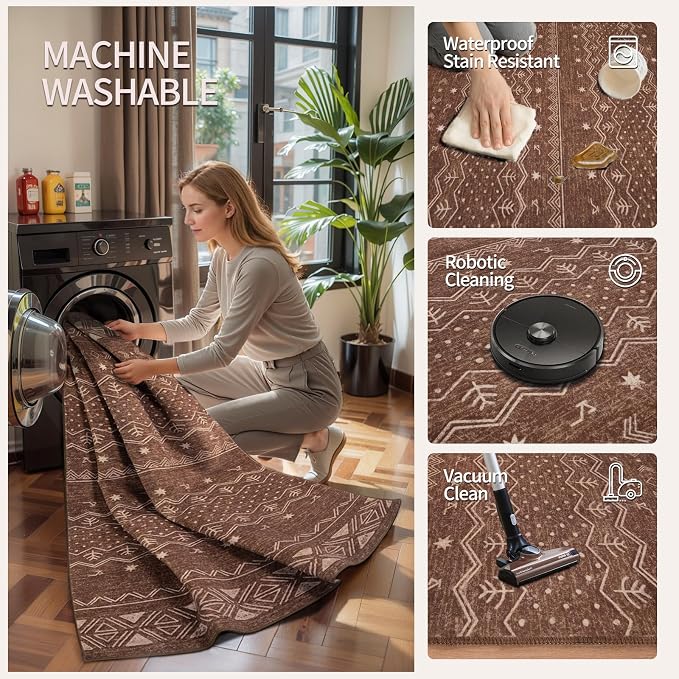 SERISSA 9x12 Area Rugs for Living Room, Washable Non-Slip Coffee Brown Boho Rug - Image 3