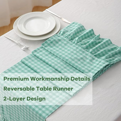 Spa Blue White Plaid Gingham Ruffle Table Runner 72 inches Long Christmas 100% - Image 5
