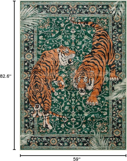 Moynesa Tiger 5x7 Area Rug, Boho Washable Living Room Rug, Non Slip Green Rugs - Image 2